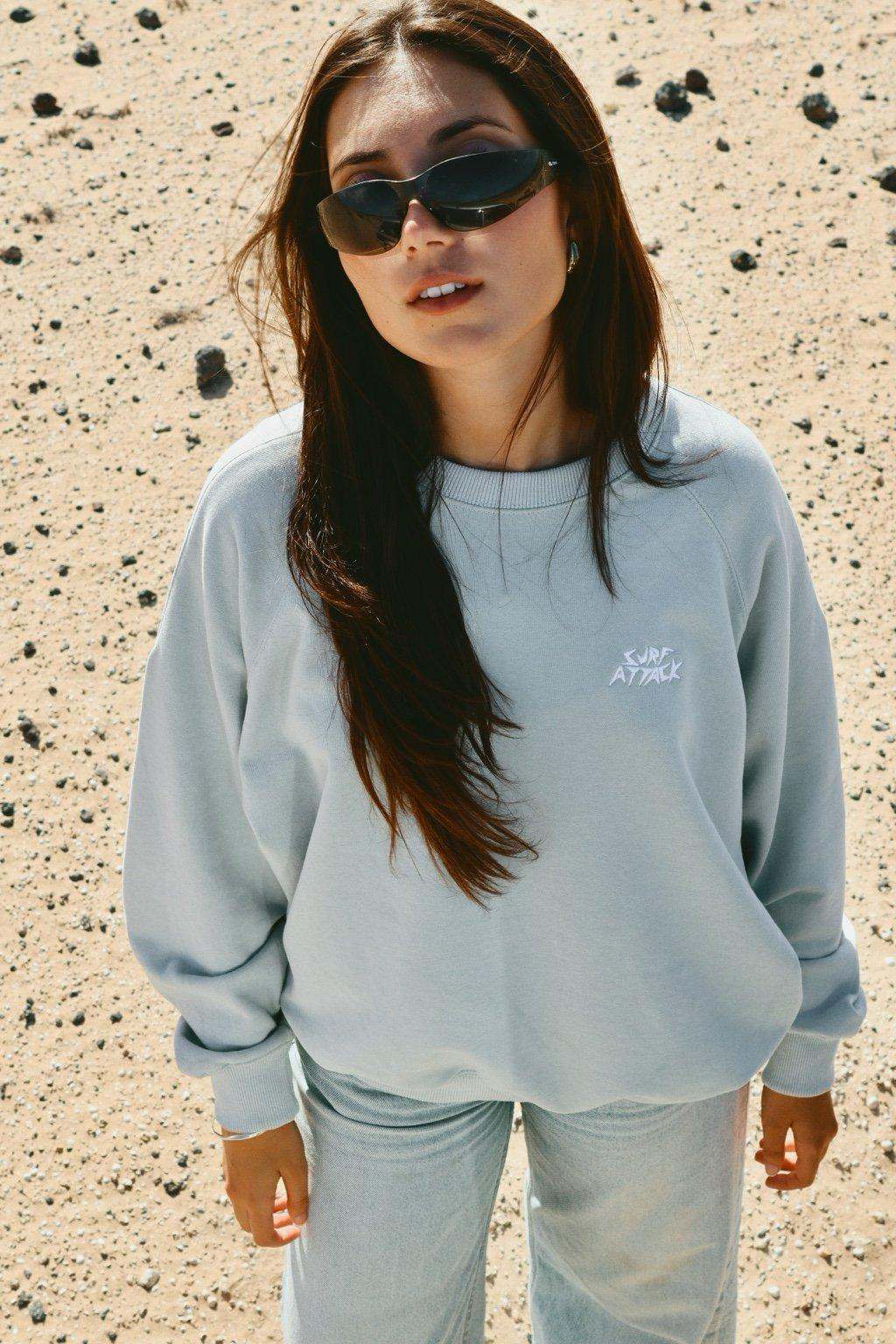 Original Surf Attack Sweatshirt light grey crewneck with embroidered logo and soft cotton blend