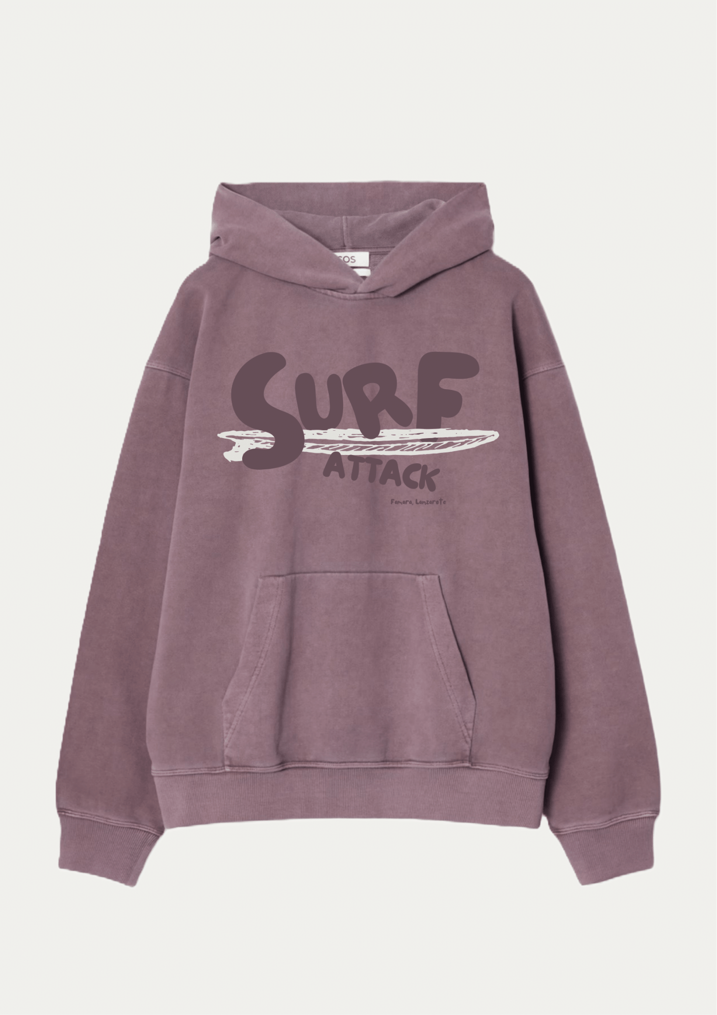 The Surfboard Signature Hoodie in vintage washed purple with Surf Attack graphic and relaxed fit